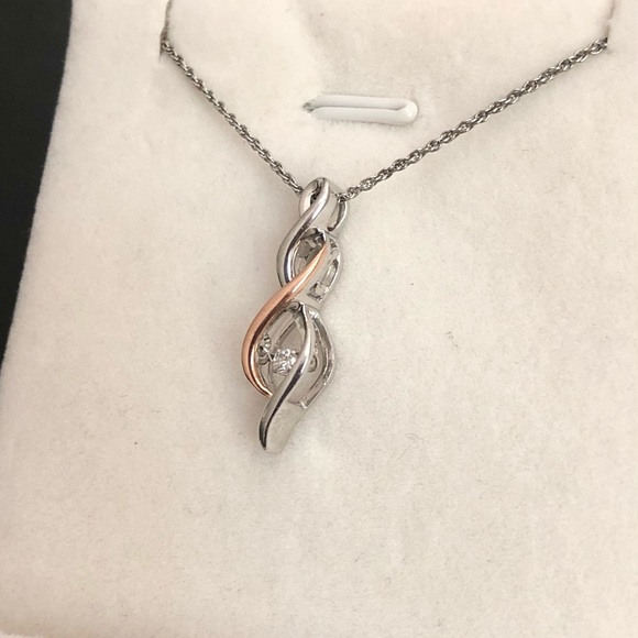 NWOT Genuine Floating Diamond, 10k Rose Gold & Sterling Silver Necklace - Picture 7 of 15